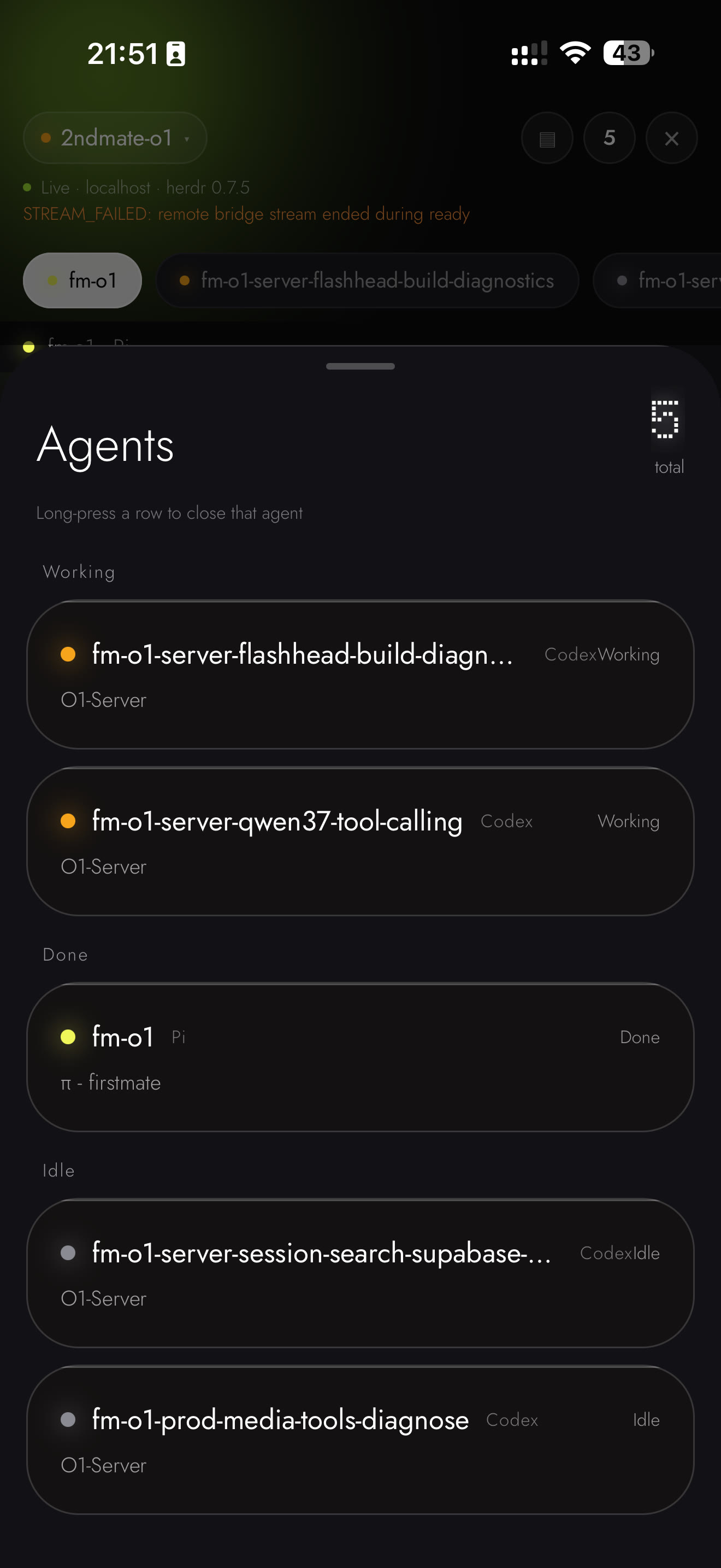 Herdr Mobile Agents sheet grouping agents by Working, Done and Idle