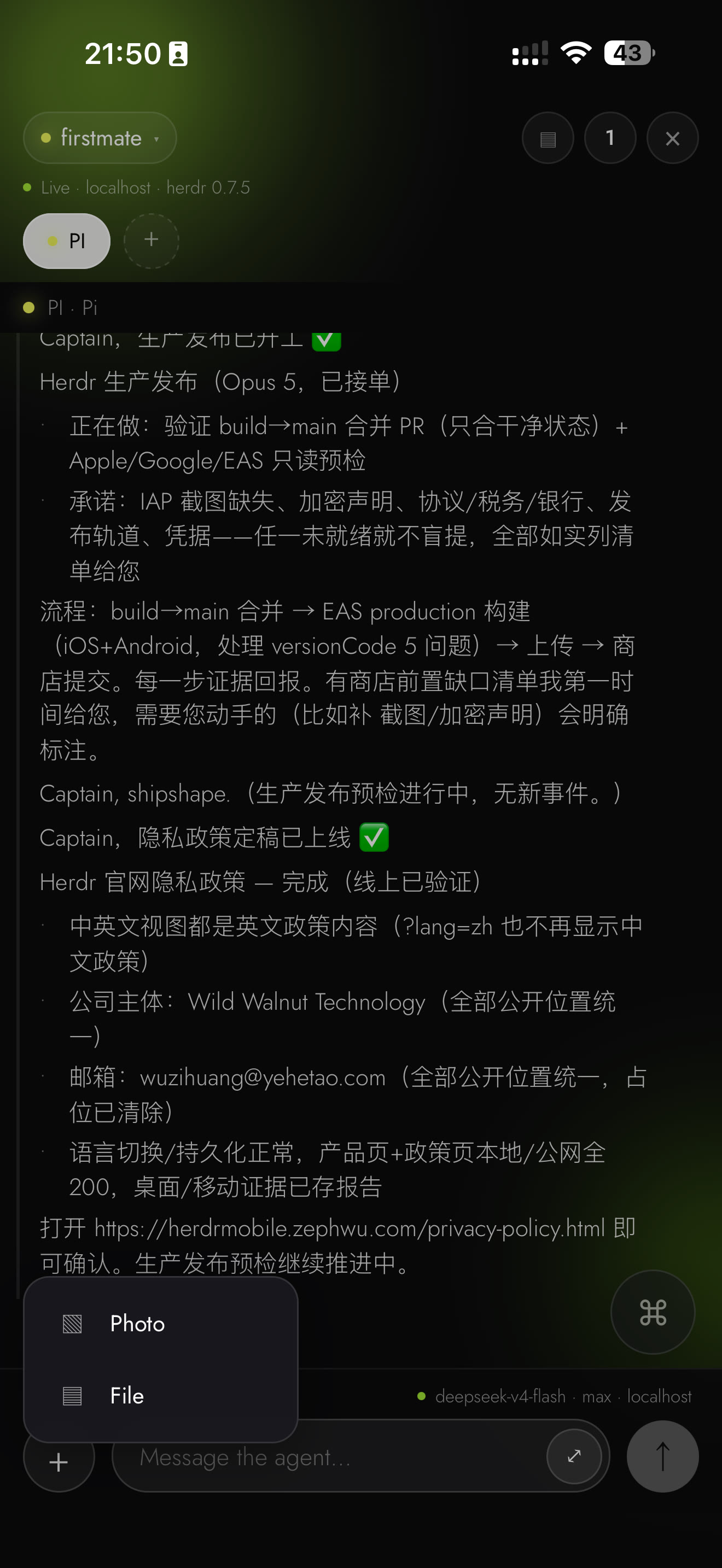 Herdr Mobile attachment menu offering Photo and File above the composer