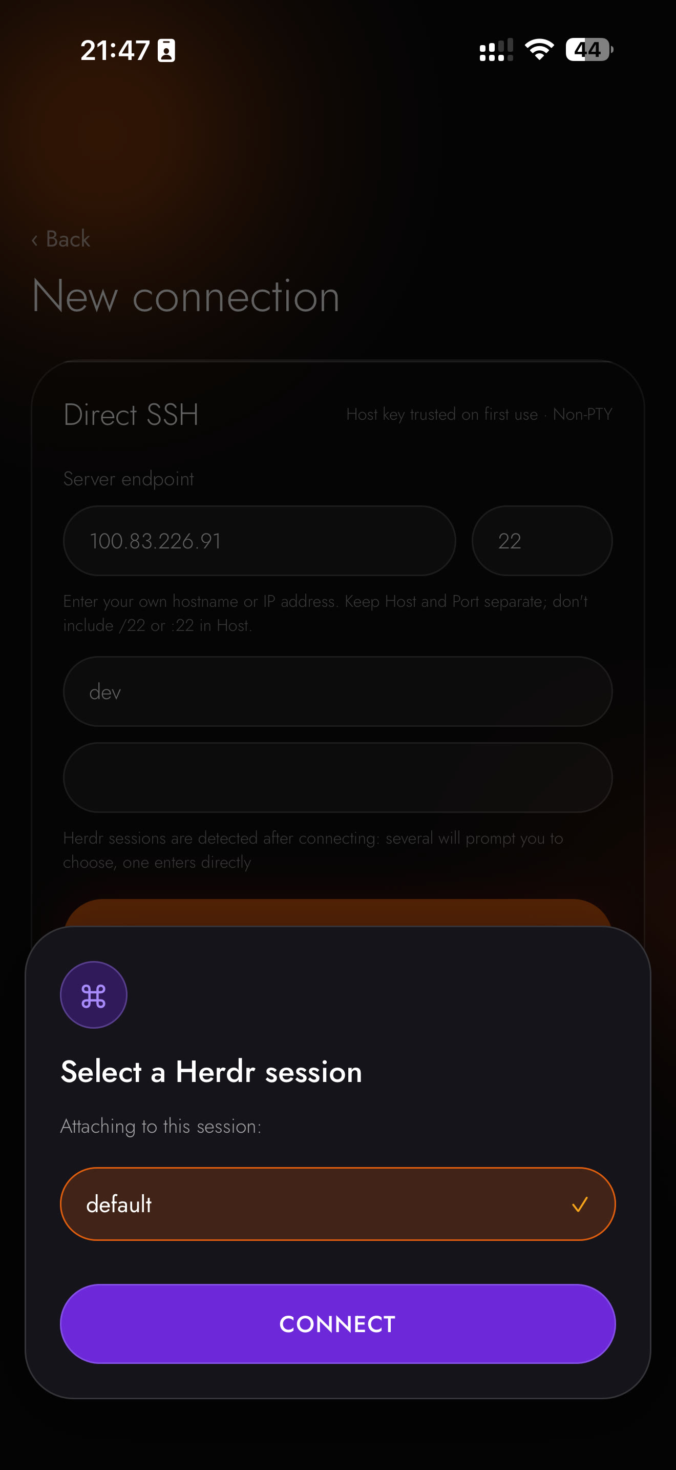 Herdr Mobile New connection form with the Select a Herdr session sheet