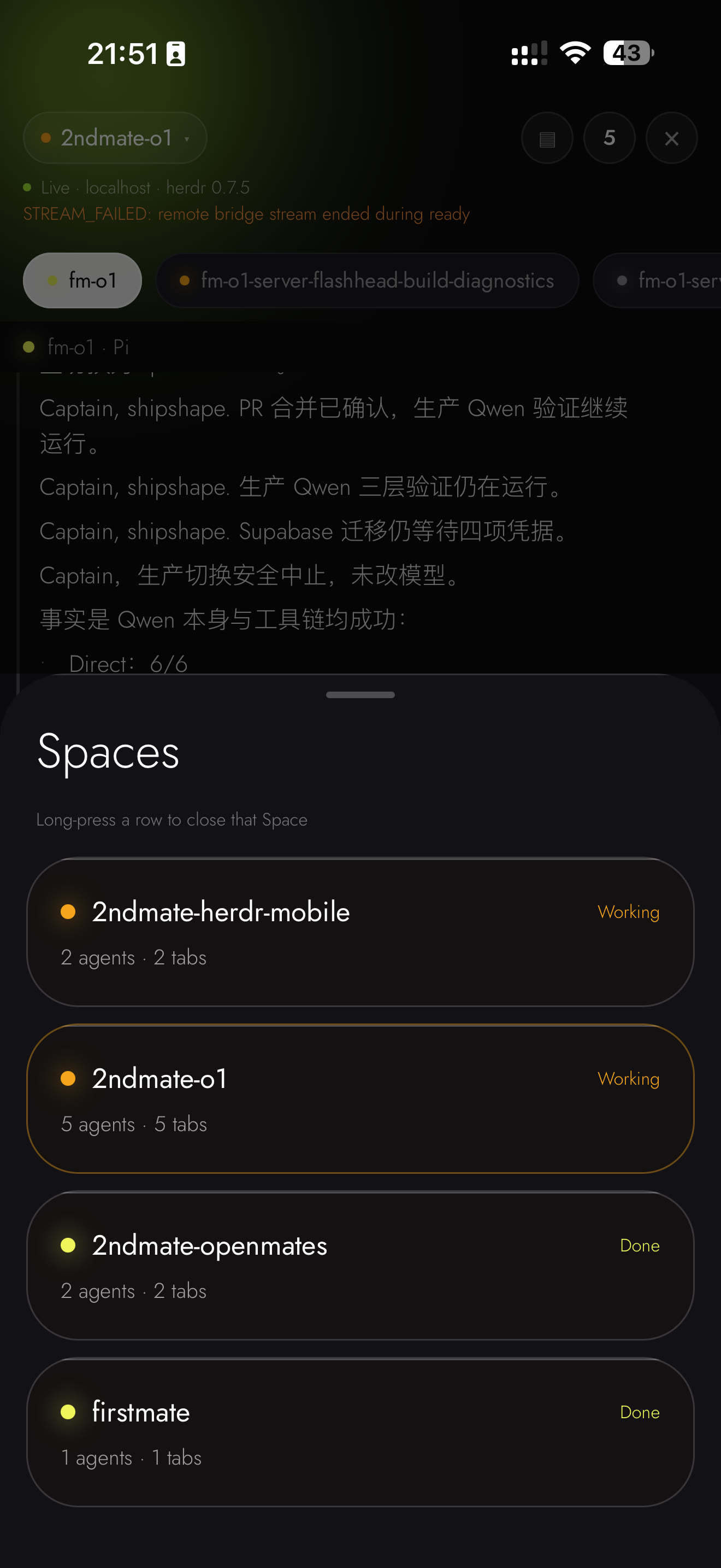 Herdr Mobile Spaces sheet listing spaces with their agent and tab counts