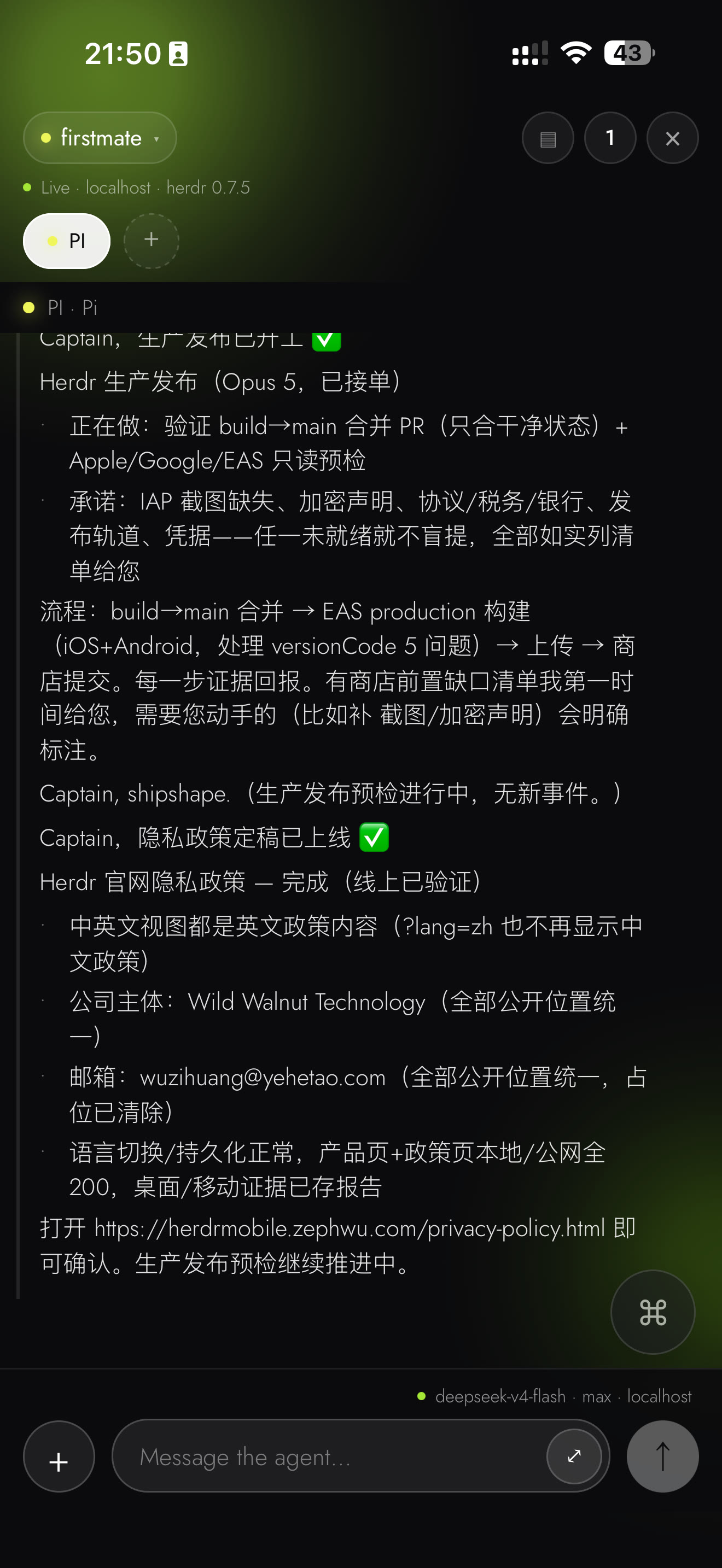 Herdr Mobile live session timeline with agent output above the composer